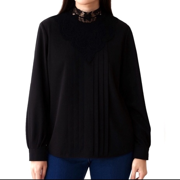 Vintage Liz Baker Essentials Black Women's Blouse with Lace Detail 80s/90s XL - Picture 11 of 16